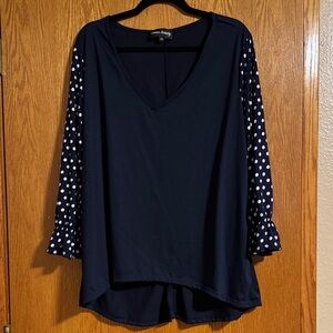 Navy Blouse with Polka Dot Sleeves